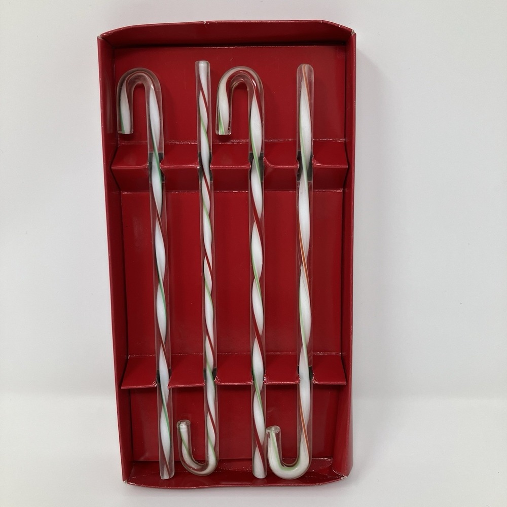 Pier 1 Imports Glass Candy Cane Stir Sticks Straws Christmas Set of 4 In Box